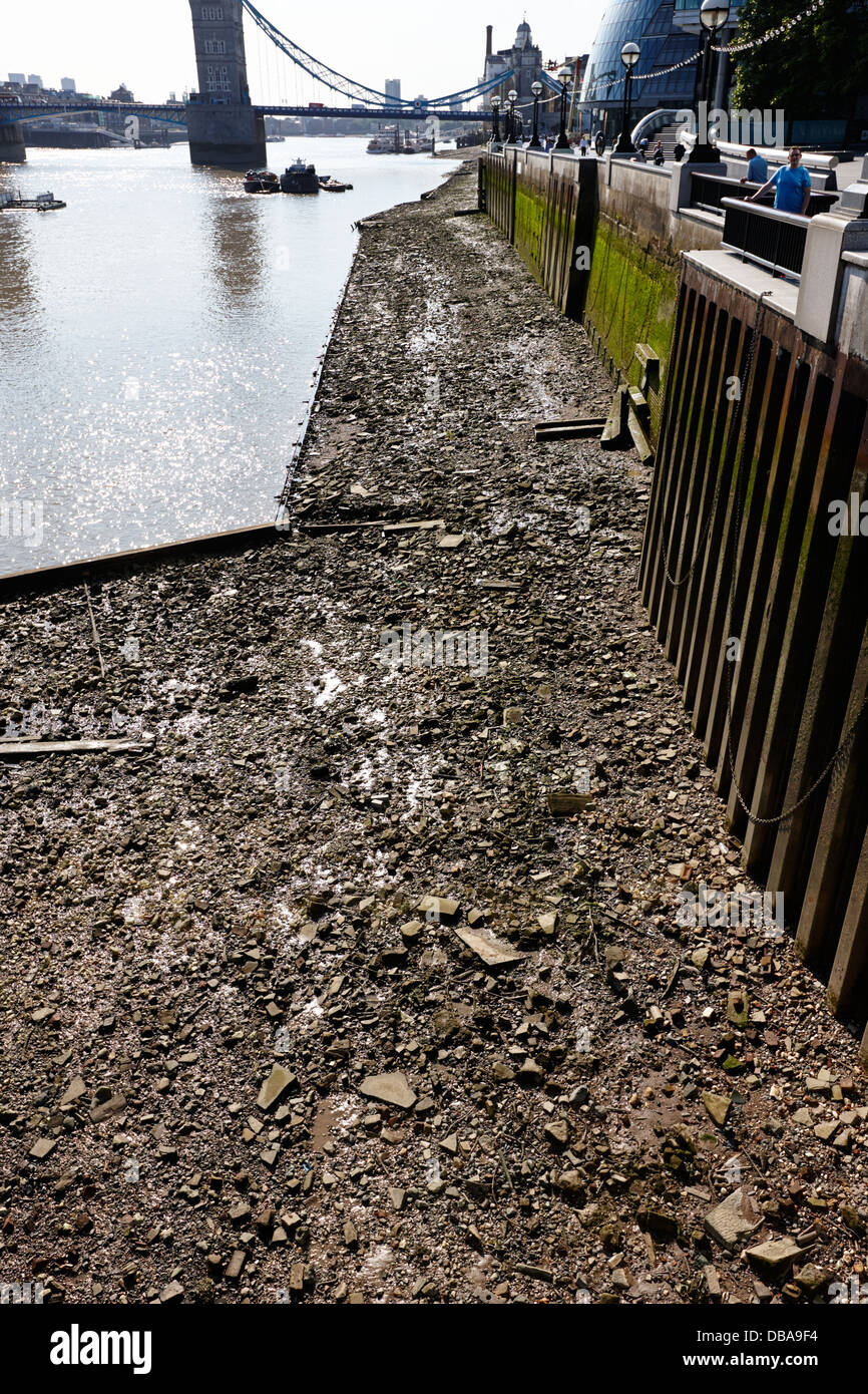 mud banks of the river thames and reinforced pilings at southwark