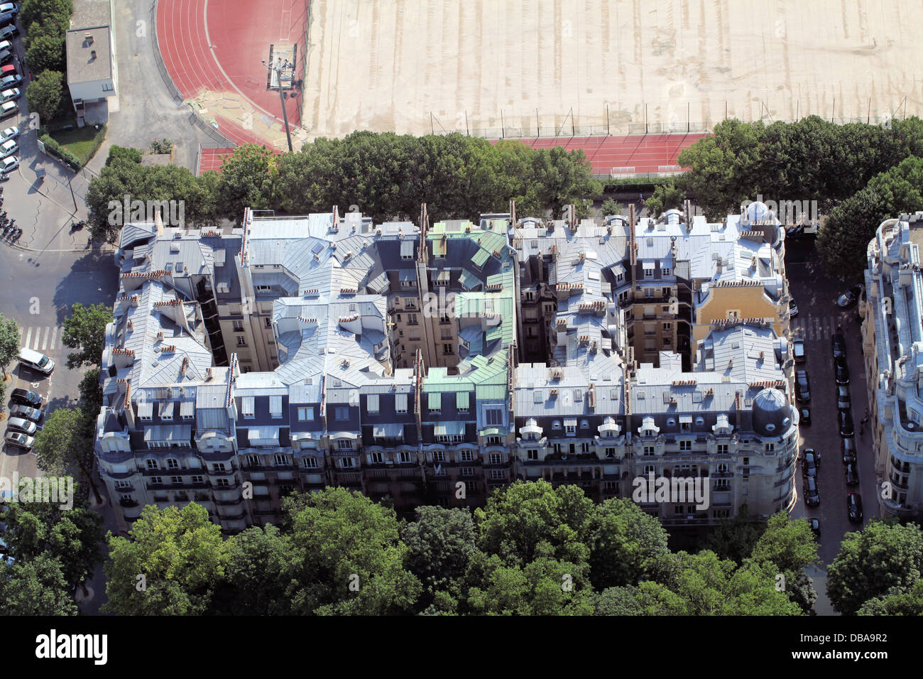 Looking down (South-West) from the Eiffel Tower, Paris on residential buildings on Avenue de Suffren Stock Photo