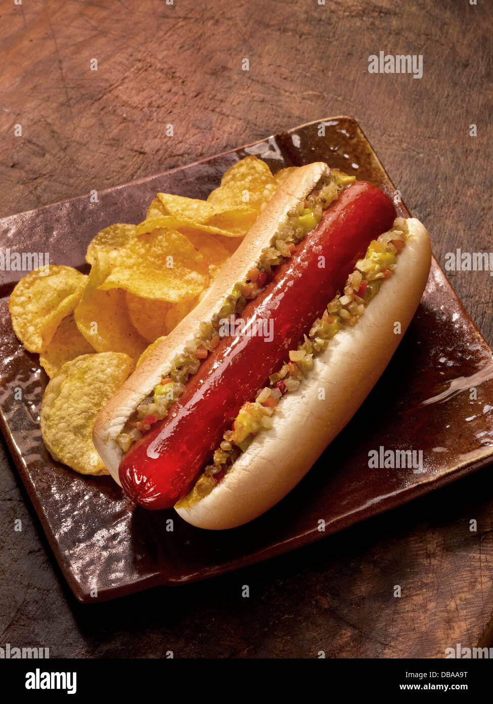 Hot Dog hot and fresh with potato chips Stock Photo