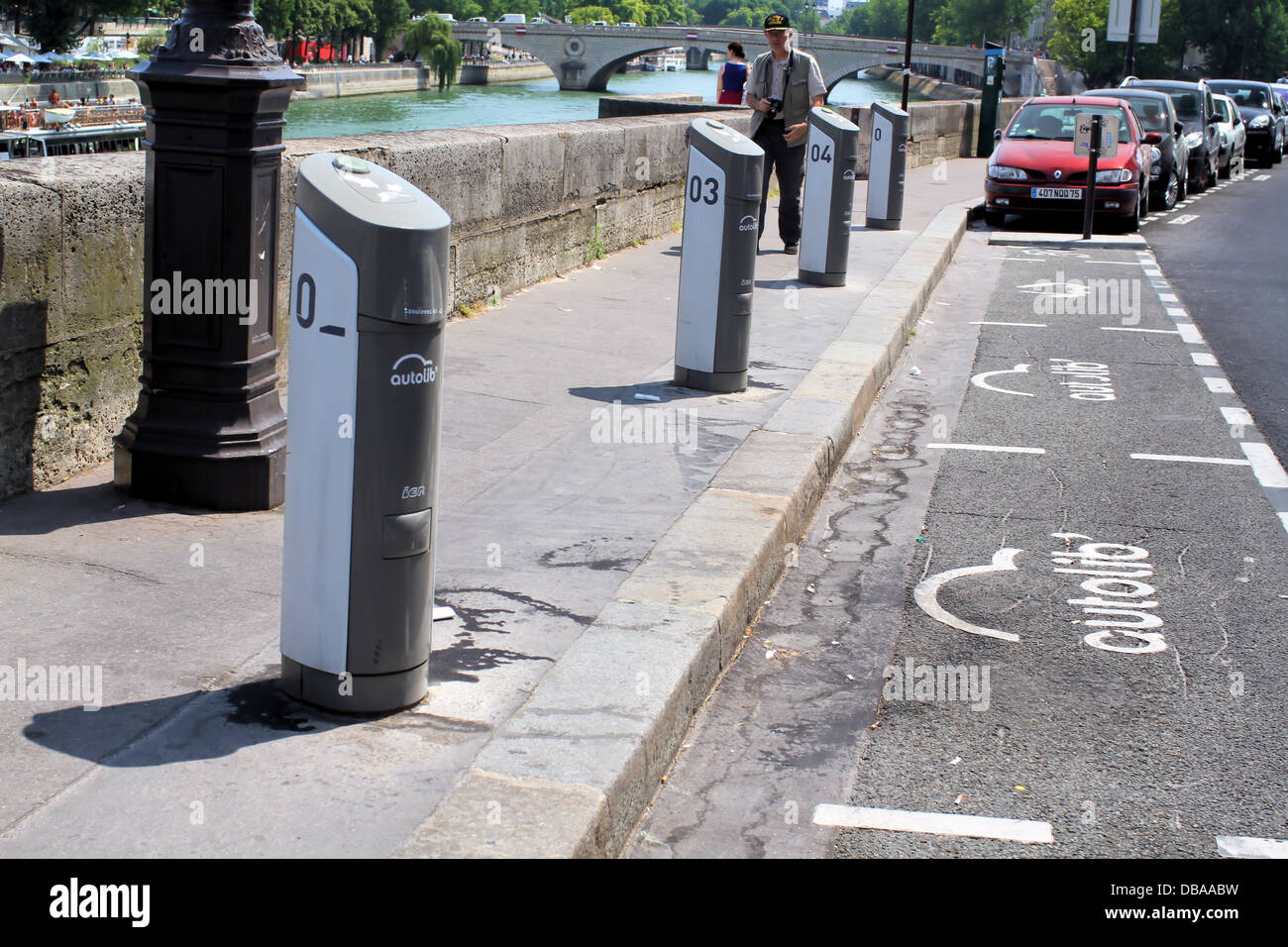 Autolib charging stations on Quai aux Fleurs, Paris. Autolib is the electric car sharing service started in December 2011 Stock Photo