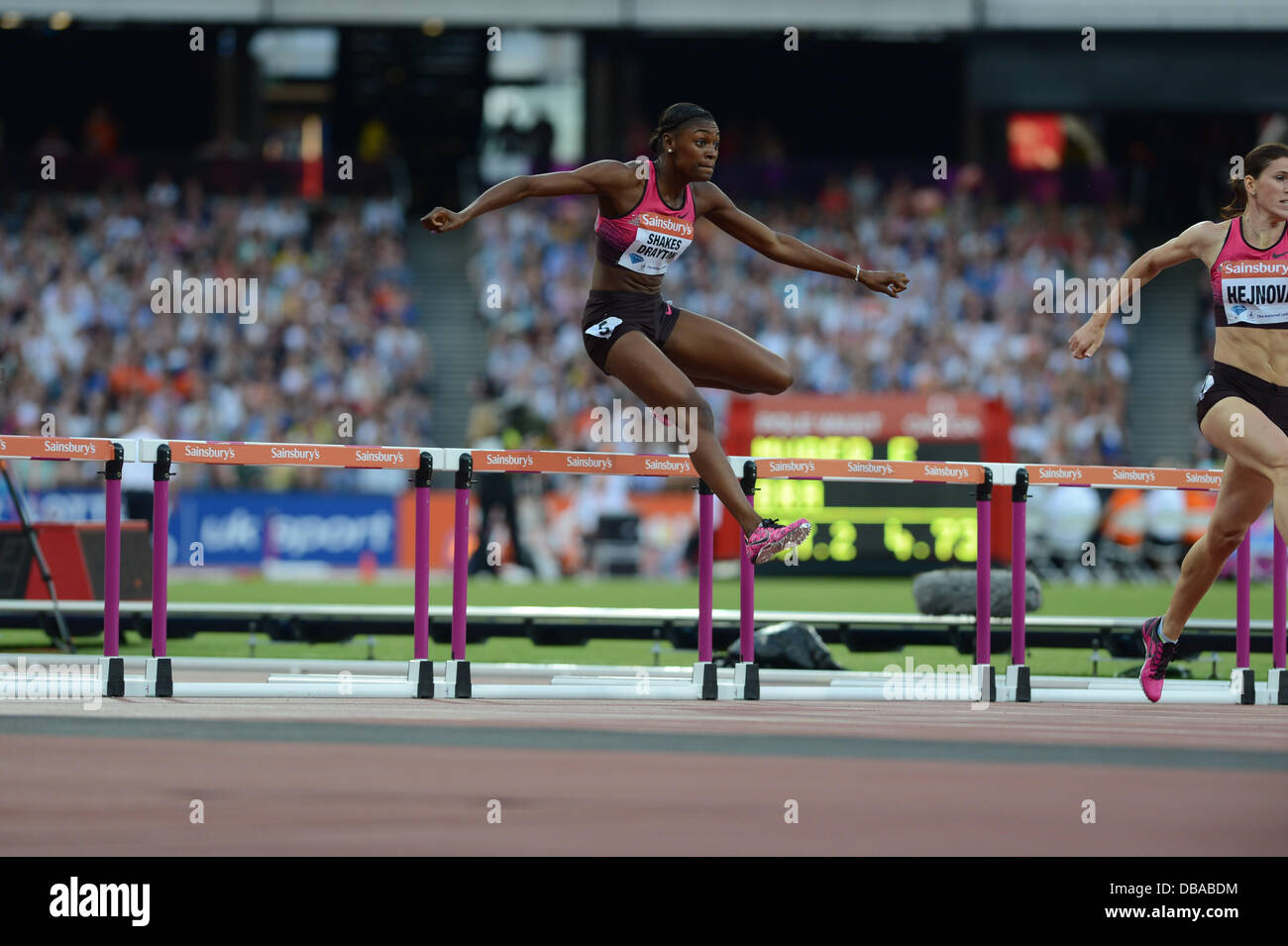 London, UK. 26th July, 2013. Perri Shakes-Drayton runs a personal best coming second in the women's 400m hurdles at the London Anniversary Games Diamond League Athletics meeting, July 26th 2013 Credit:  Martin Bateman/Alamy Live News Stock Photo