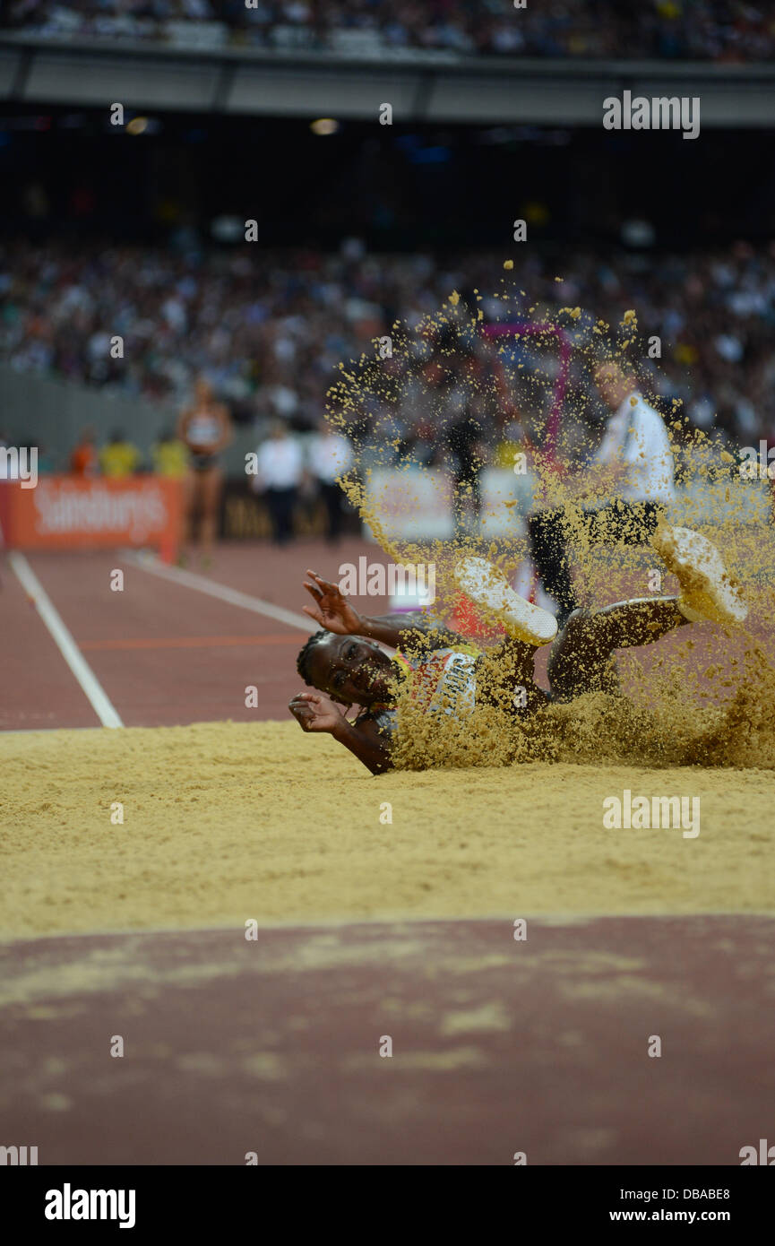 London, UK. 26th July, 2013. Kimberly Williams of Jamaica takes second place in the women's triple jump at the London Anniversary Games Diamond League Athletics meeting, July 26th 2013 Credit:  Martin Bateman/Alamy Live News Stock Photo