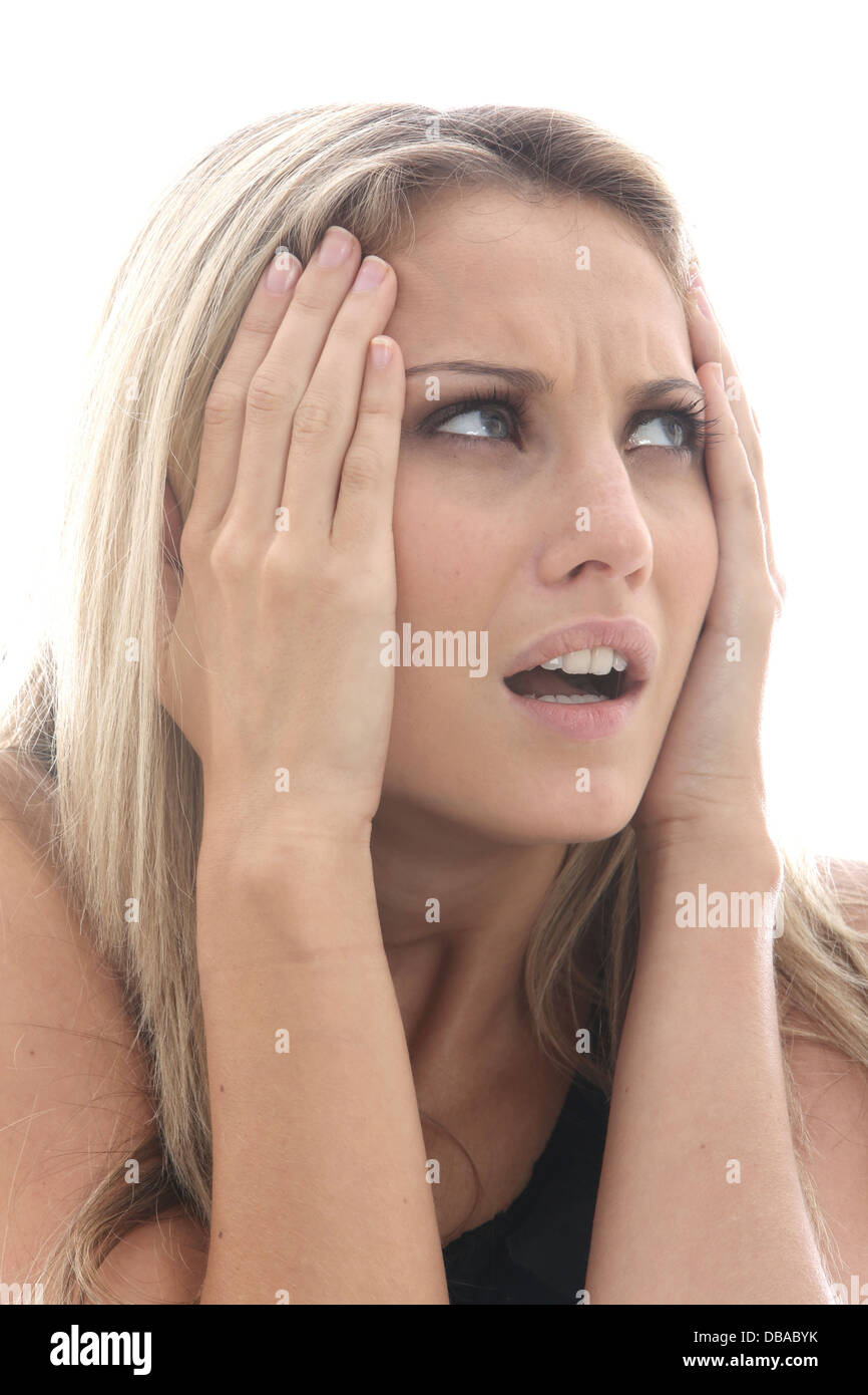 Attractive Young Woman Looking Shocked Scared Or Surprised Isolated Against A White Background Stock Photo