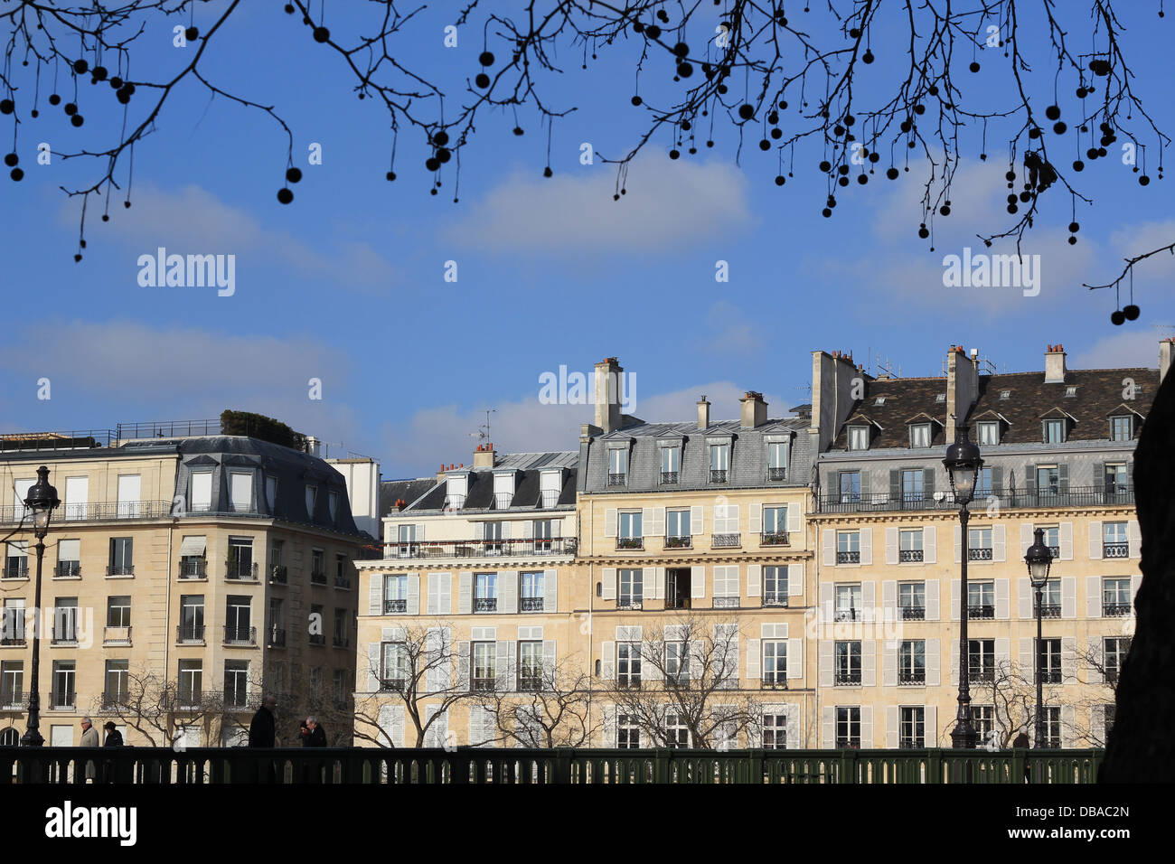 Buildings in Paris on the river Seine boards Stock Photo