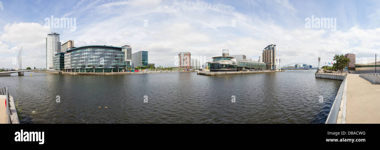 Panoramic shot of Salford Quays, Manchester ship canal including Media City, Lowry Gallery, BBC. Stock Photo