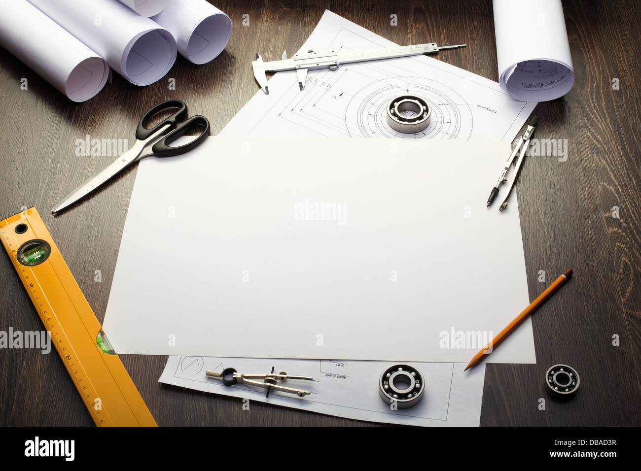 Tools and papers with sketches Stock Photo Alamy