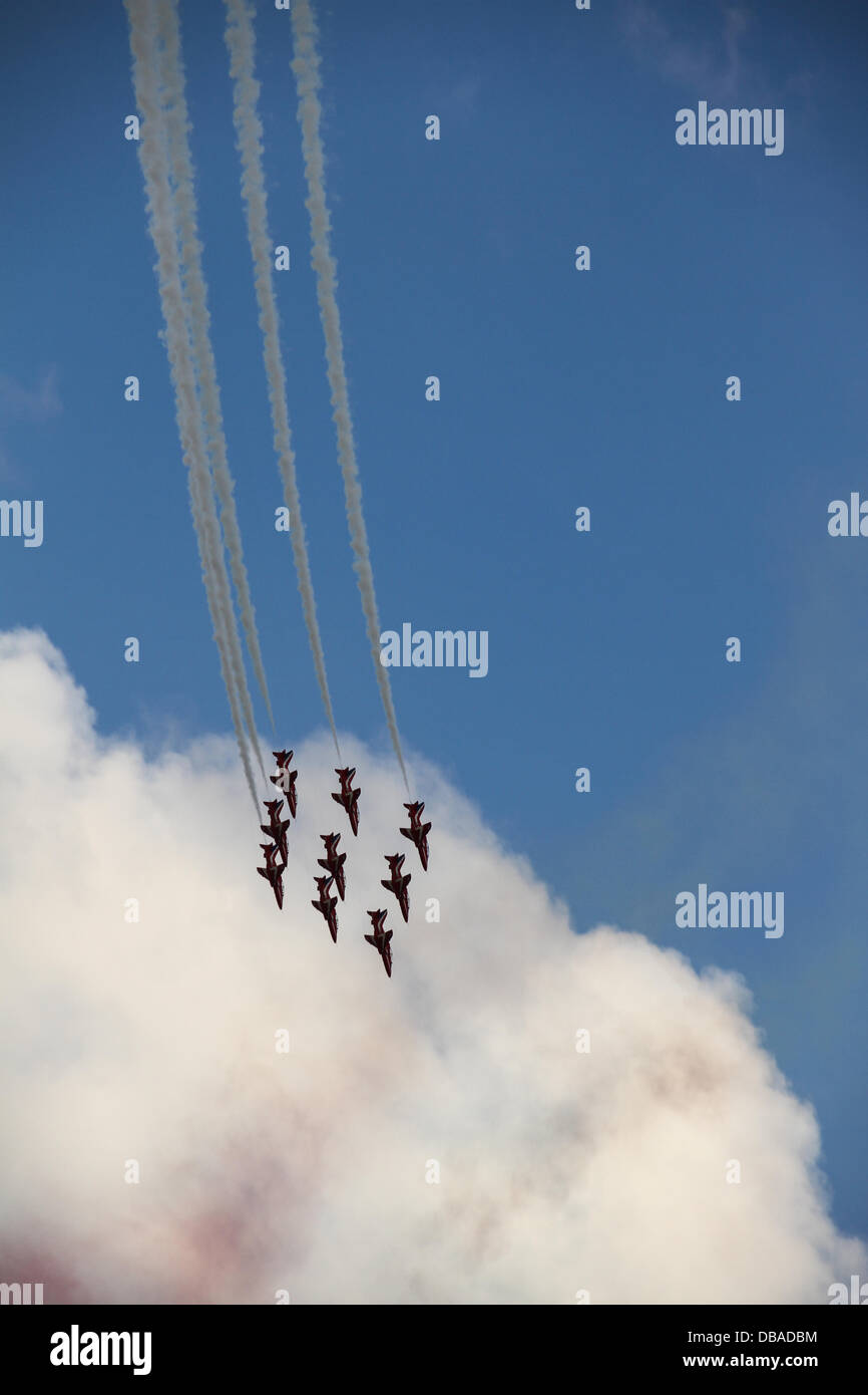 Sunderland, UK. 26th July, 2013. A flying demonstration of the skills of the Lincolnshire based Red Arrows team, flying over the North Sea at Sunderland, Tyne and Wear, England on Friday, 26 July, 2013 Credit:  Daniel Magill/Alamy Live News Stock Photo