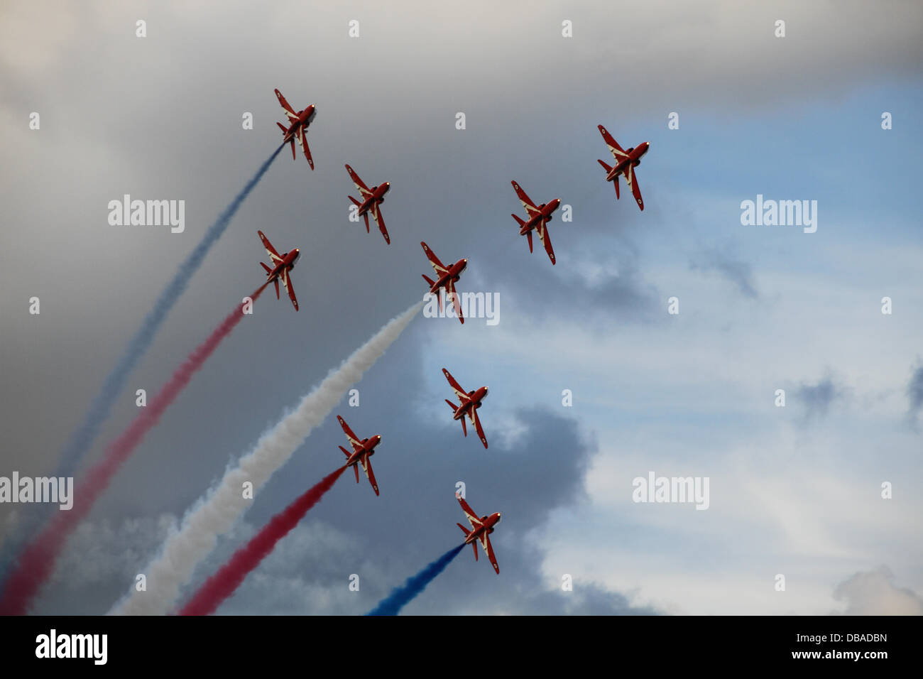 Sunderland, UK. 26th July, 2013. A flying demonstration of the skills of the Lincolnshire based Red Arrows team, flying over the North Sea at Sunderland, Tyne and Wear, England on Friday, 26 July, 2013 Credit:  Daniel Magill/Alamy Live News Stock Photo