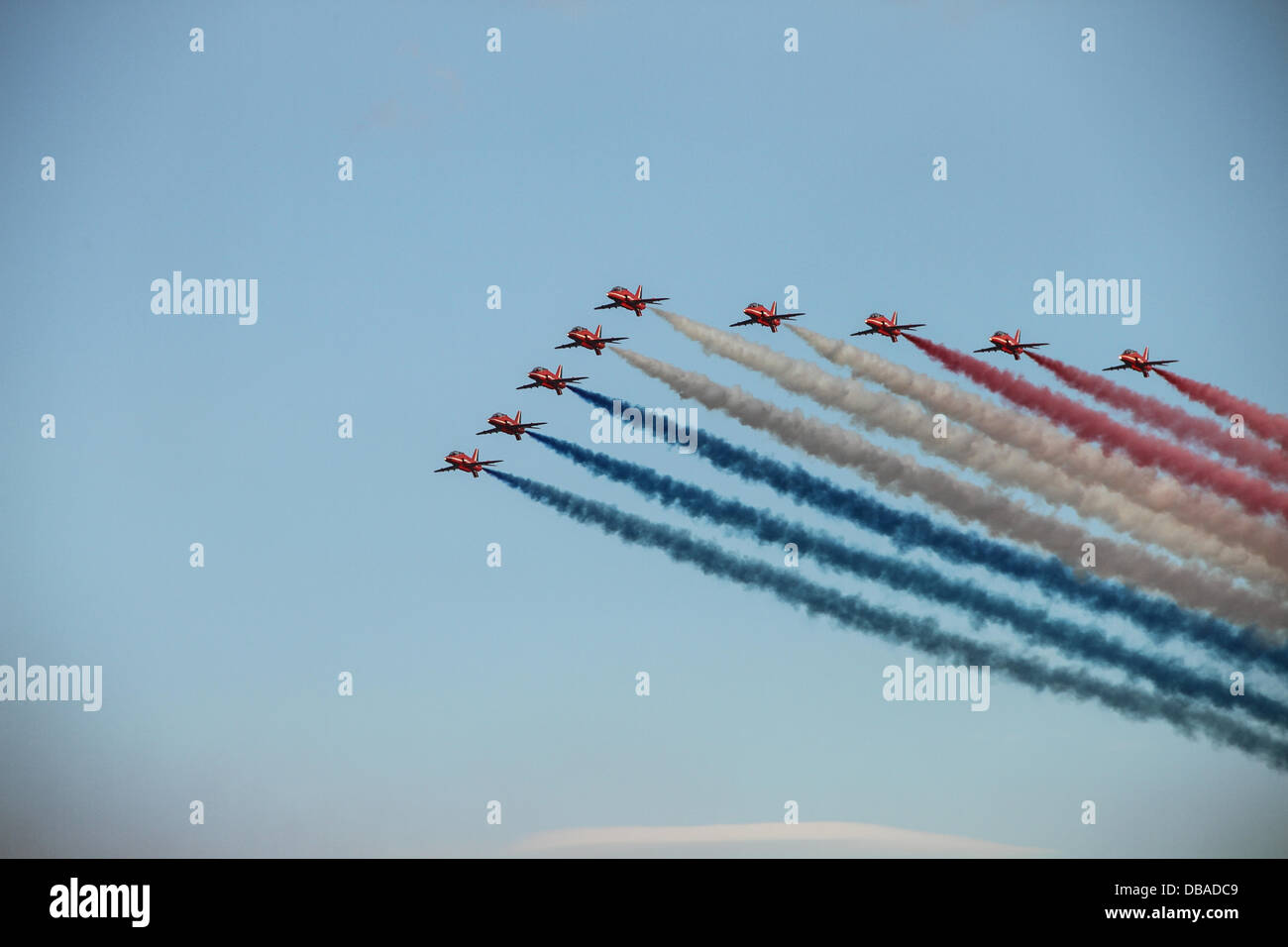 Sunderland, UK. 26th July, 2013. A flying demonstration of the skills of the Lincolnshire based Red Arrows team, flying over the North Sea at Sunderland, Tyne and Wear, England on Friday, 26 July, 2013 Credit:  Daniel Magill/Alamy Live News Stock Photo