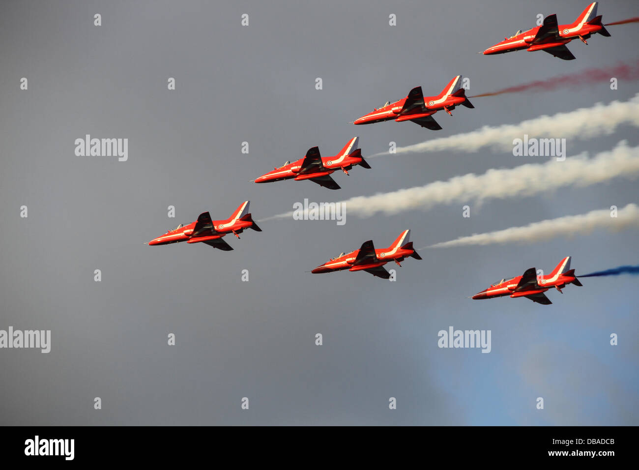 Sunderland, UK. 26th July, 2013. A flying demonstration of the skills of the Lincolnshire based Red Arrows team, flying over the North Sea at Sunderland, Tyne and Wear, England on Friday, 26 July, 2013 Credit:  Daniel Magill/Alamy Live News Stock Photo