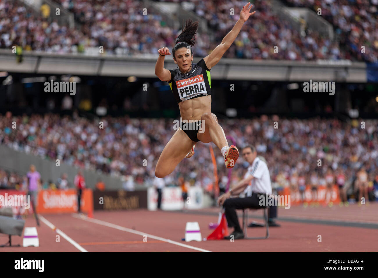 London, UK. 26th July, Athanasia Perra in action at the womens triple jump event, Anniversary Games British Athletics, London. 2013. Photo: Credit: Rebecca Andrews/Alamy Live News Stock Photo