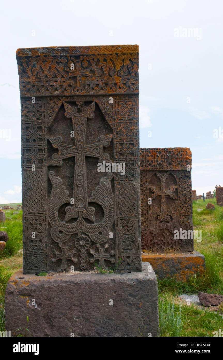 Khatchkars or ancient tombstones at Noratus Graveyard, Armenia Stock Photo