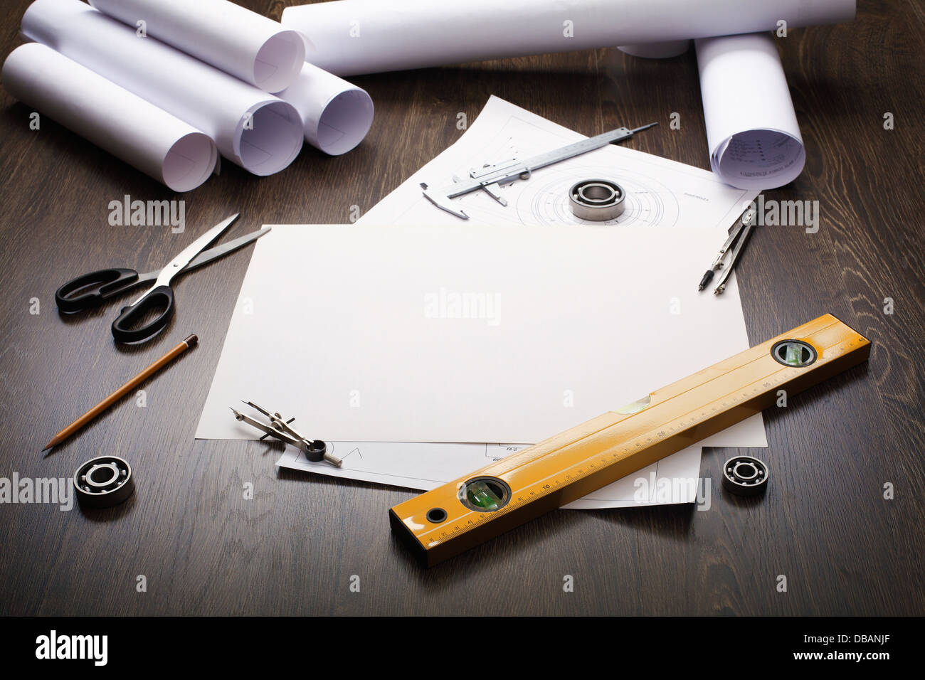 Tools and papers with sketches Stock Photo Alamy