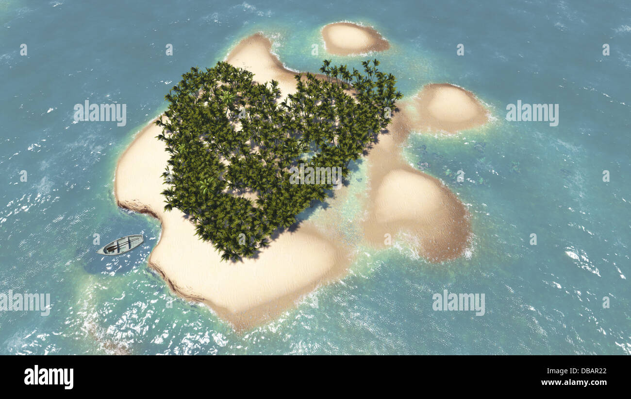 Paradise tropical island in the form of heart made in 3d software