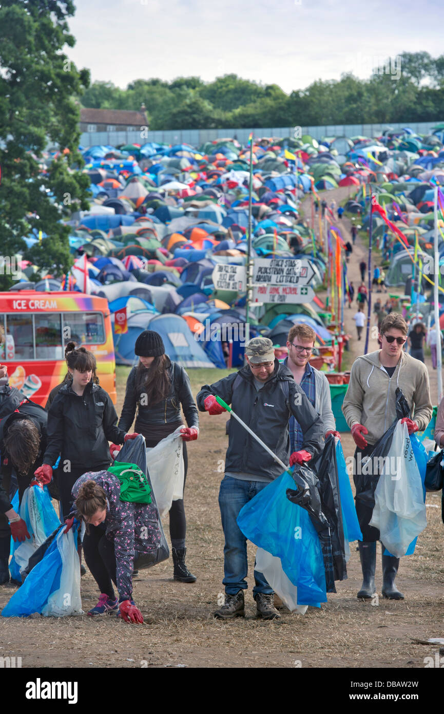 Glastonbury Festival 2013 UK A gang of litter pickers near the Pyramid
