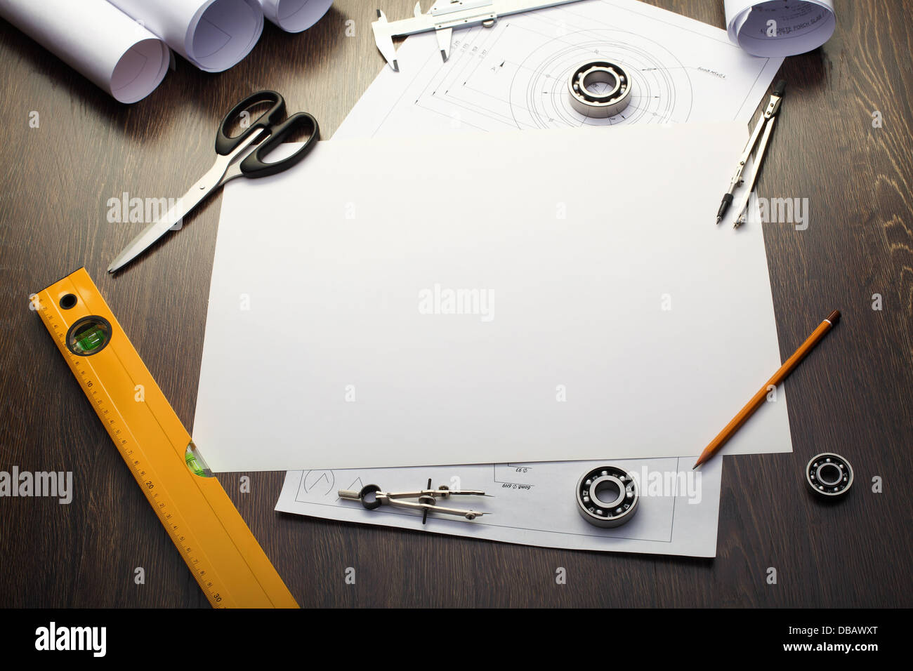 Tools and papers with sketches Stock Photo Alamy