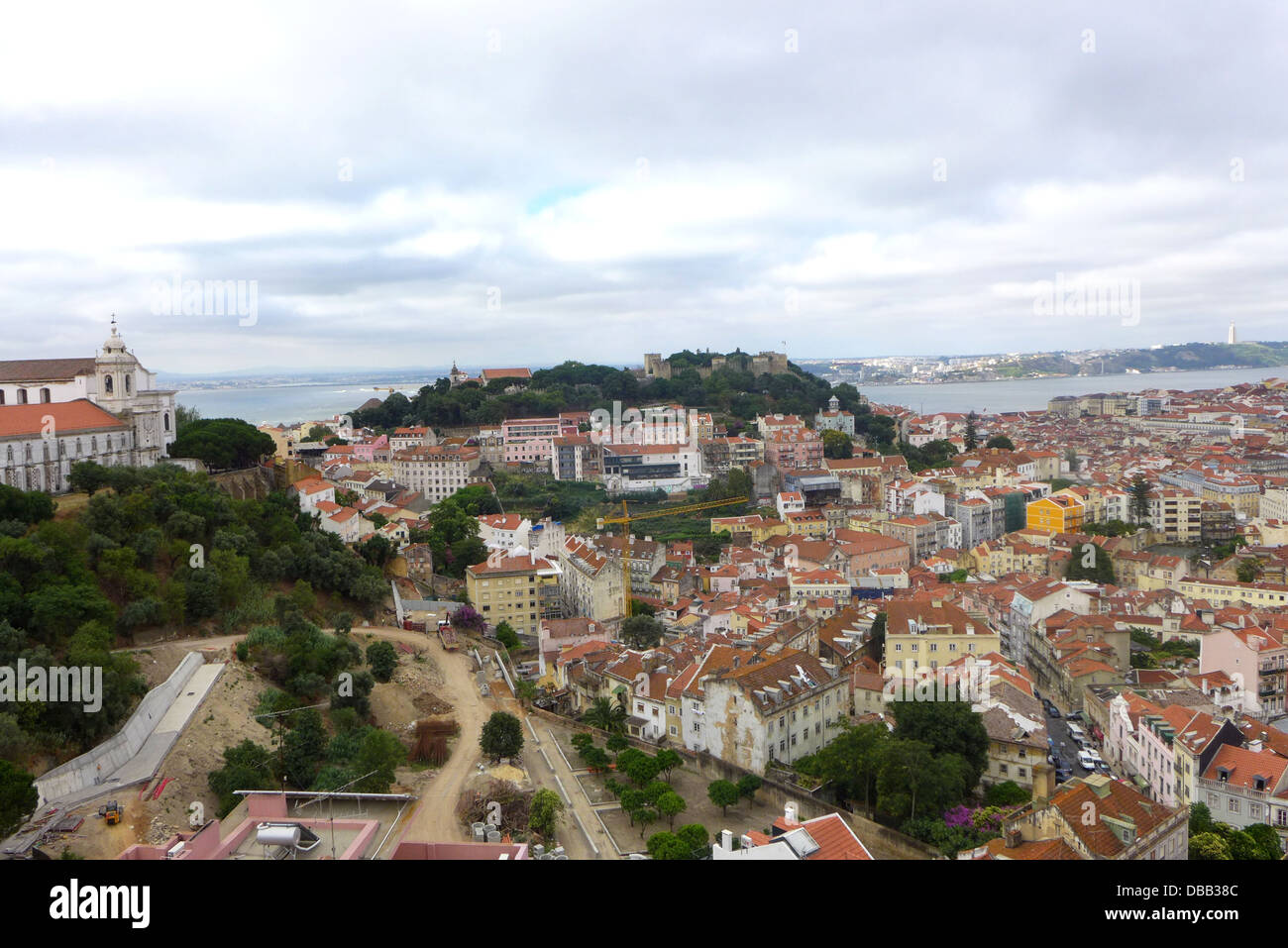 A panoramic view of Lisbon showing the Graca Convent  left, the Saint George castle center, and the Baixa district right. Stock Photo