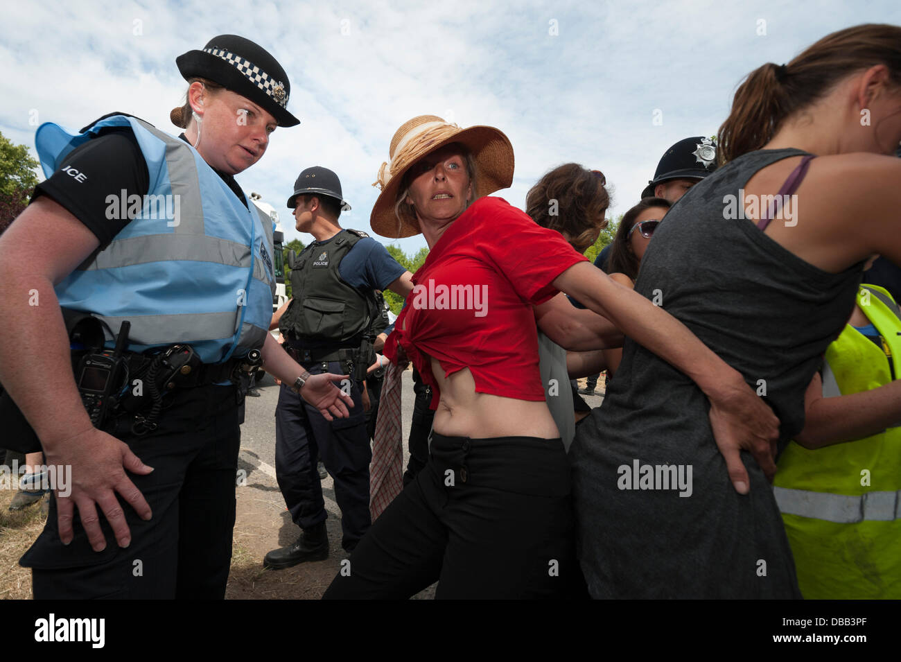 Balcombe, West Sussex, UK. 27th July, 2013. Two more protesters were arrested at the Balcombe fracking site in West Sussex as they tried to stop lorries delivering drilling equipment under licence from, energy company, Cuadrilla. Credit:  Lee Thomas/Alamy Live News Stock Photo