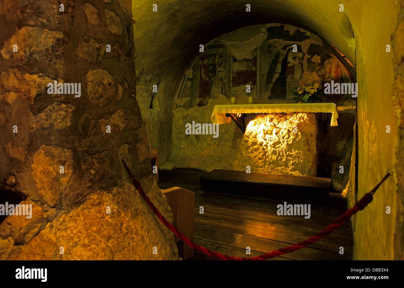 Nativity scene cave. Greccio St. Francis of Assisi Sanctuary, Rieti, Lazio, Italy, St. Francis of Assisi Way. Stock Photo