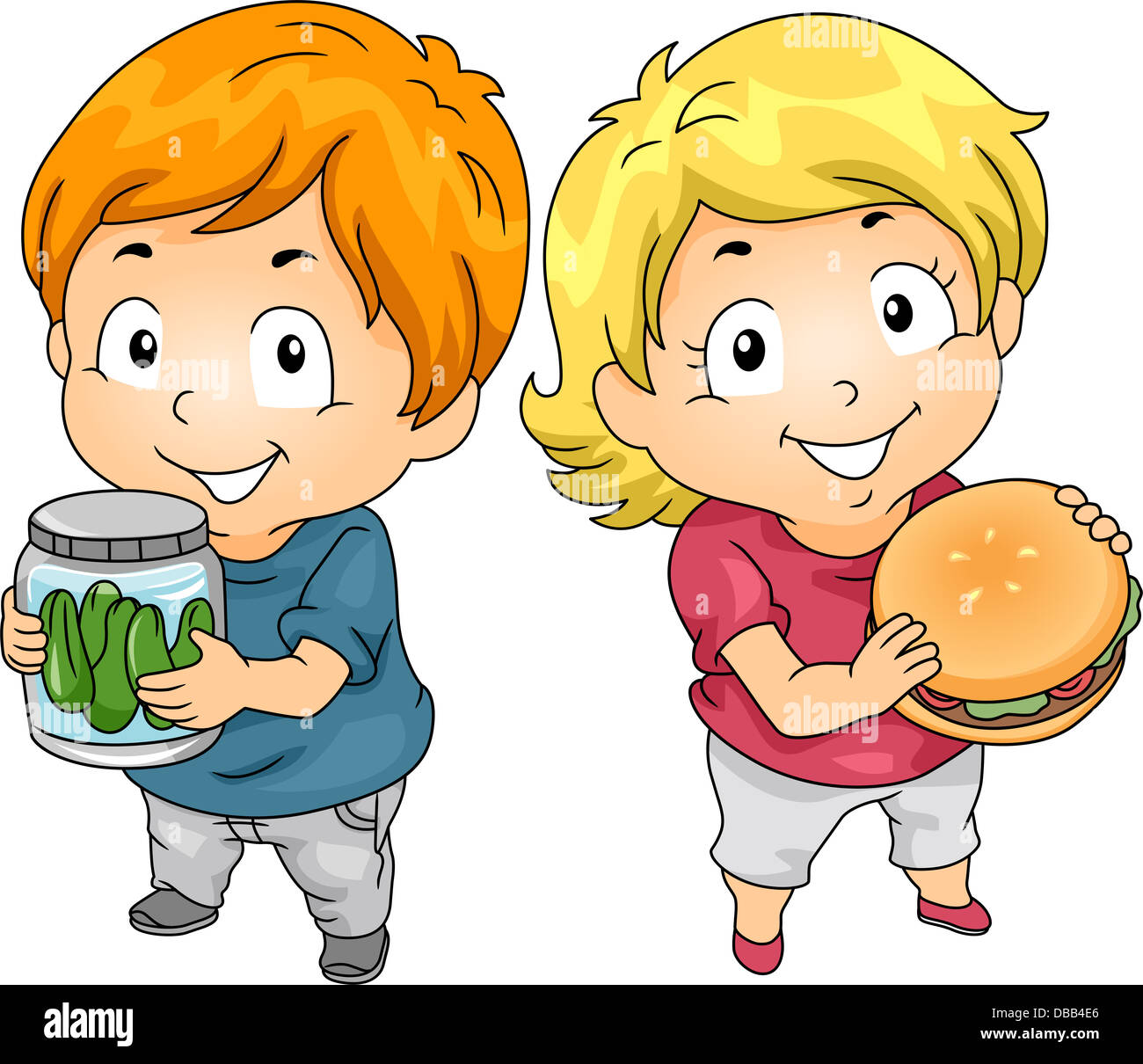 Illustration of Little Male Kid Carrying a Jar of Pickles and a Little Female Kid holding a Hamburger Stock Photo