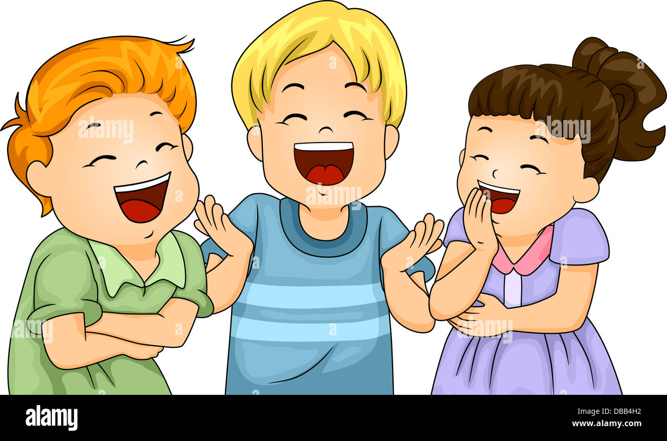 Illustration of Little Male and Female Kids Laughing Hard Stock Photo