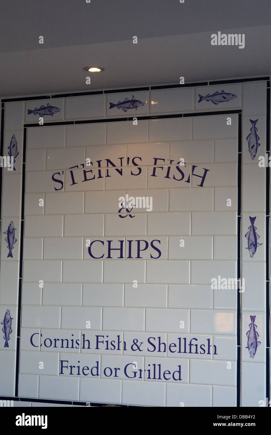 Sign at Rick Stein's Fish and Chip Shop in Padstow Cornwall Stock Photo