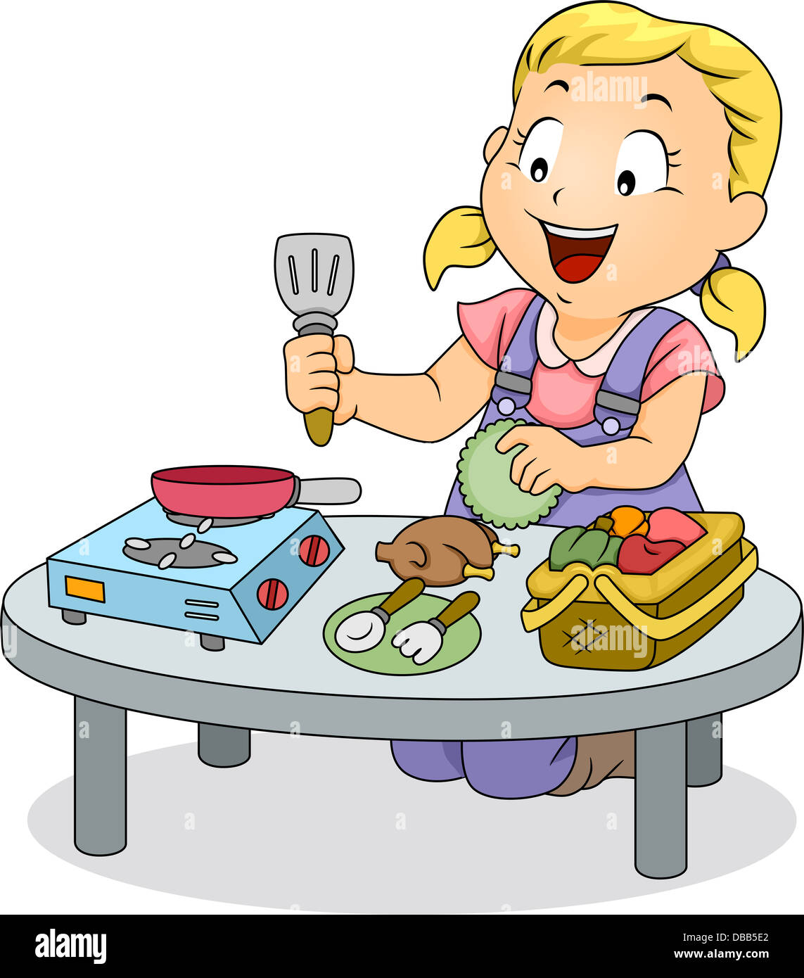 Illustration of a Little Kid Girl Playing with Kitchen Toys Stock Photo