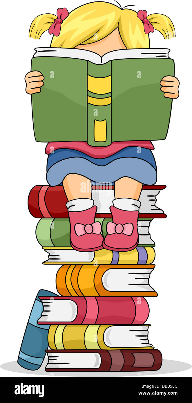 Illustration of a Little Kid Girl Sitting on Pile of Books while ...