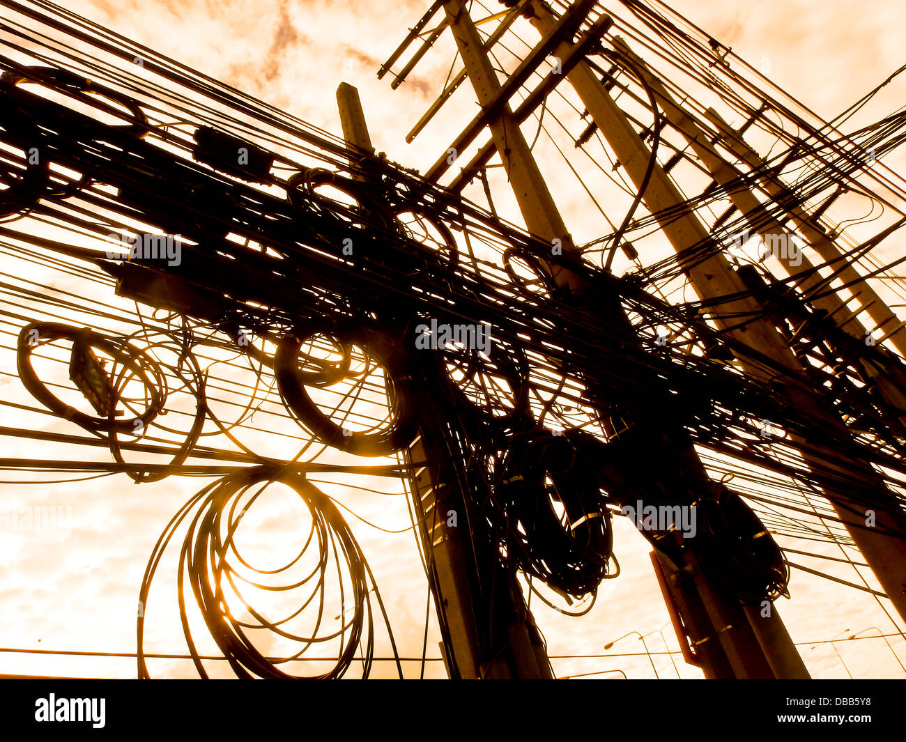 Tangled power lines. Stock Photo