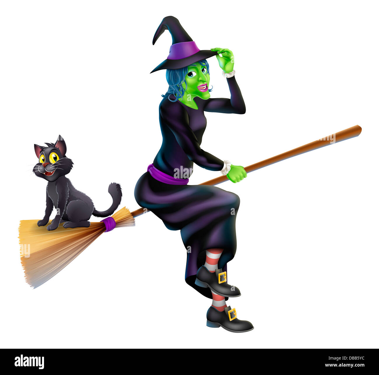 An illustration of a Halloween Witch with her black cat flying on her ...