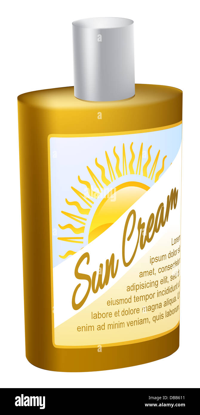 A cartoon illustration of a bottle of sun cream with a sun logo on the label Stock Photo