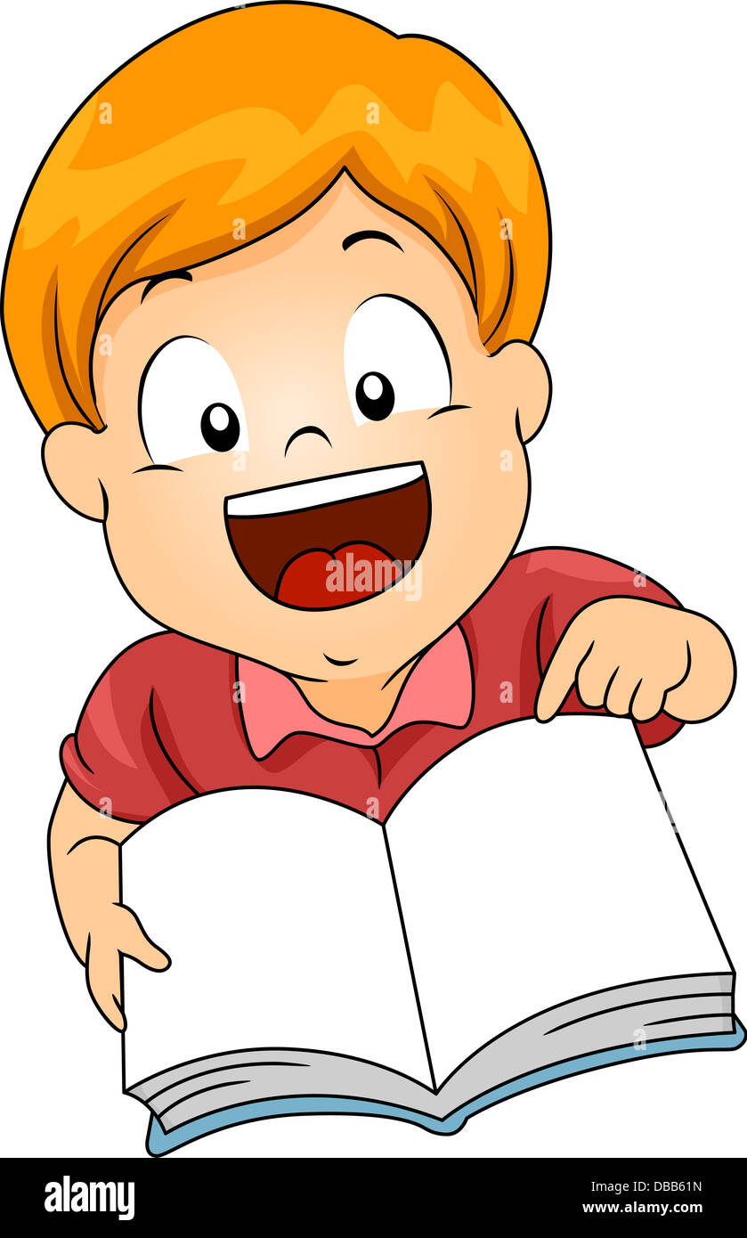 Illustration of a Little Kid Boy Carrying a Open Book and Pointing to its Page Stock Photo Alamy