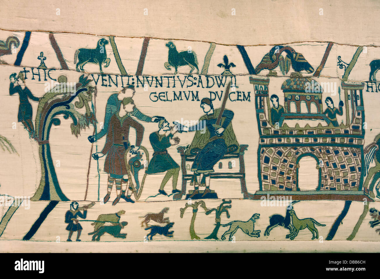 France Normandy, Bayeux, Tapestry panel 12, Harold's messenger arrives at Duke William's court Stock Photo