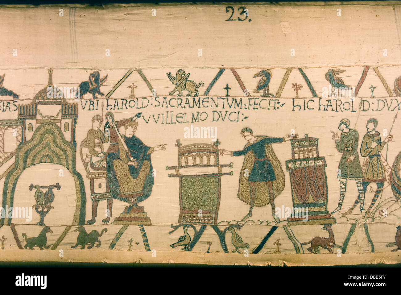 France Normandy, Bayeux, Tapestry panel 23, 'Harold makes an oath to Duke William' Stock Photo