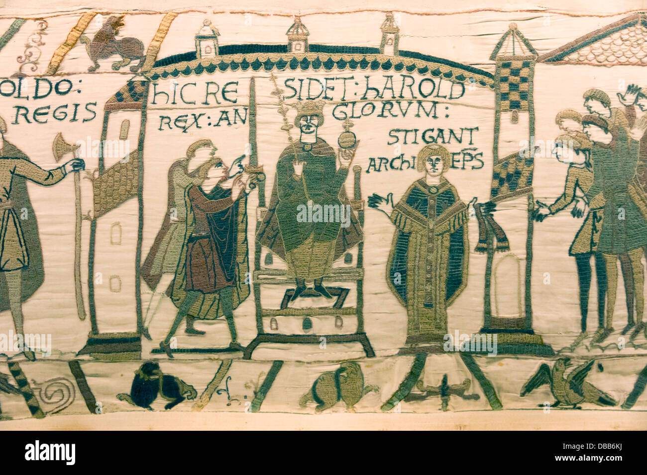 France Normandy, Bayeux, Tapestry panel 30, 'Here sits Harold king of the English' Stock Photo
