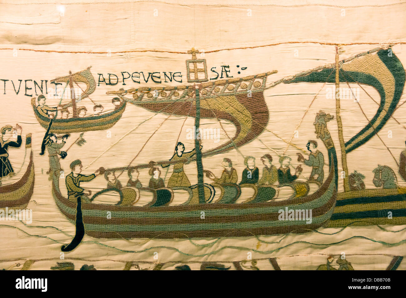 France Normandy, Bayeux, Tapestry panel 38, the 'French come to Pevensey' Stock Photo