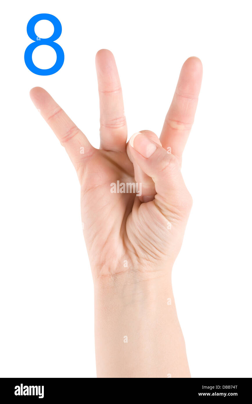 Hand showing number eight isolated on a white background Stock Photo