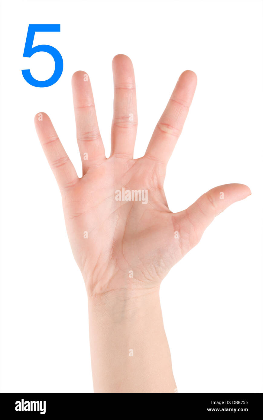 Hand showing number five isolated on a white background Stock Photo