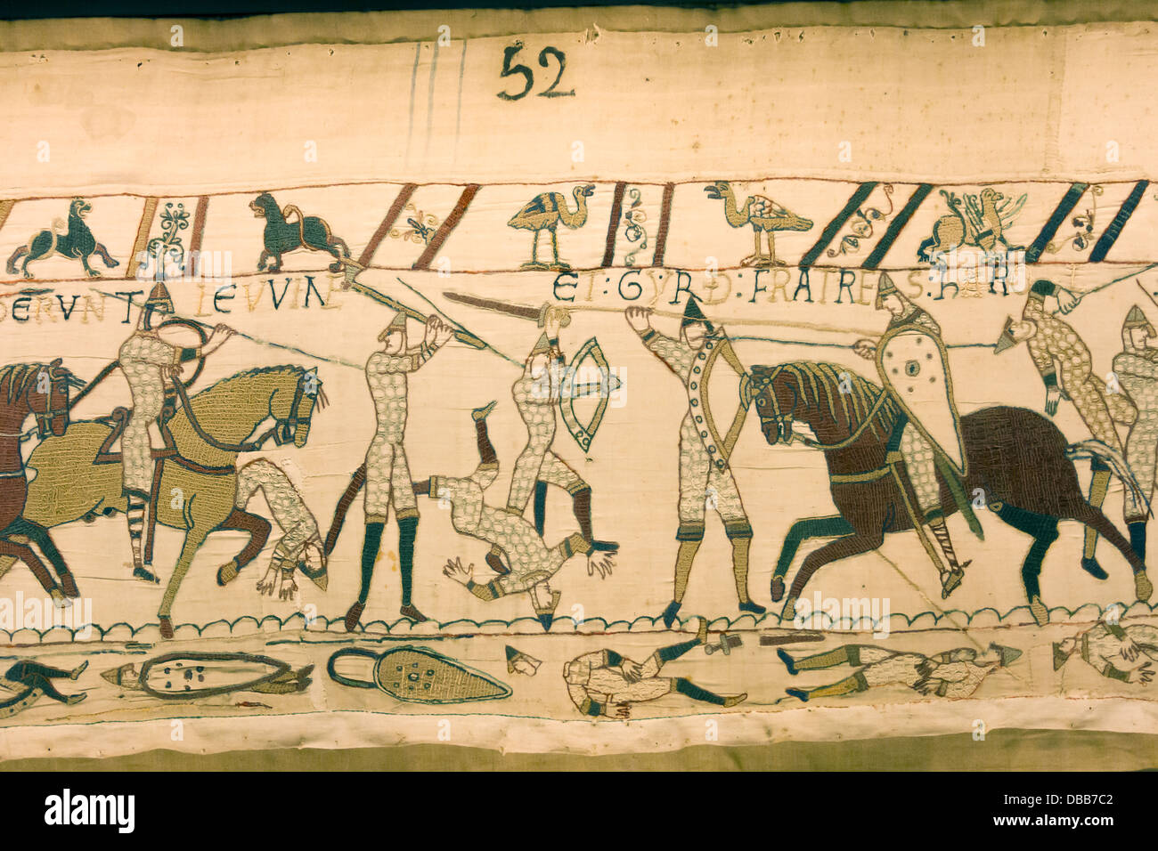 France Normandy, Bayeux, Tapestry panel 52, 'Here fall Leofwine & Gyrth brothers of King Harold' Stock Photo