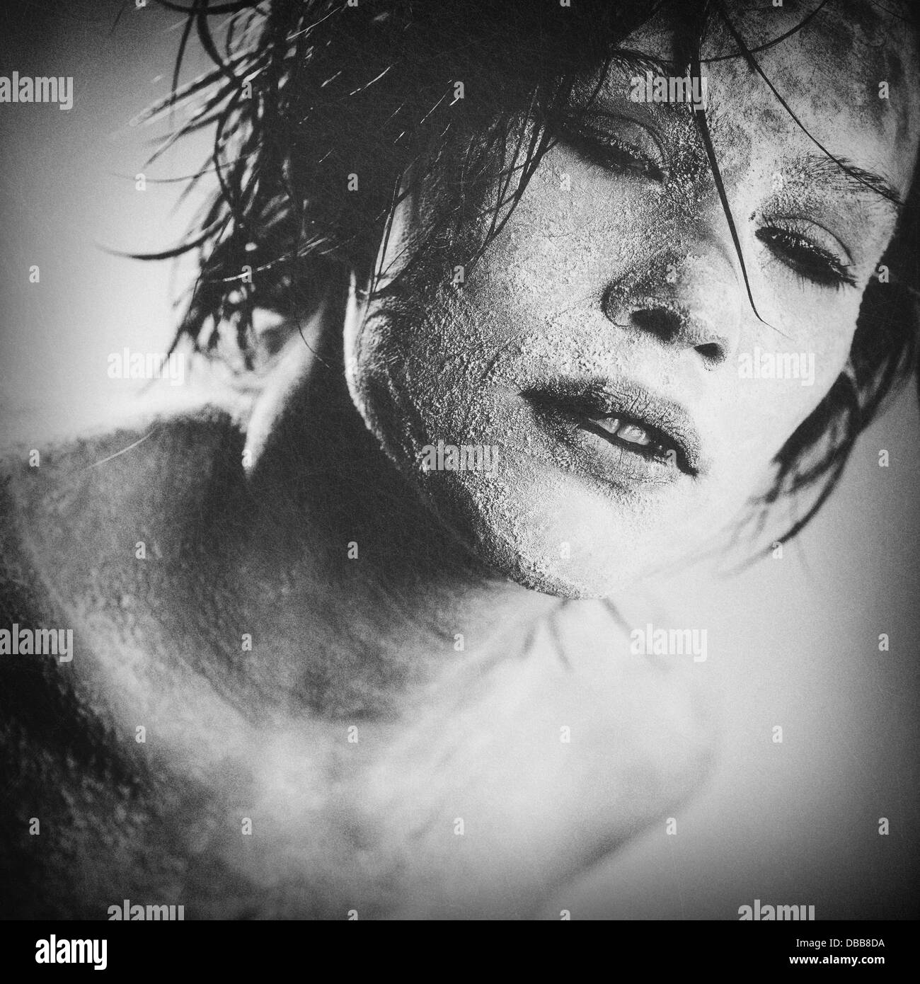 Zombie, grungy female portrait with added scratched texture Stock Photo