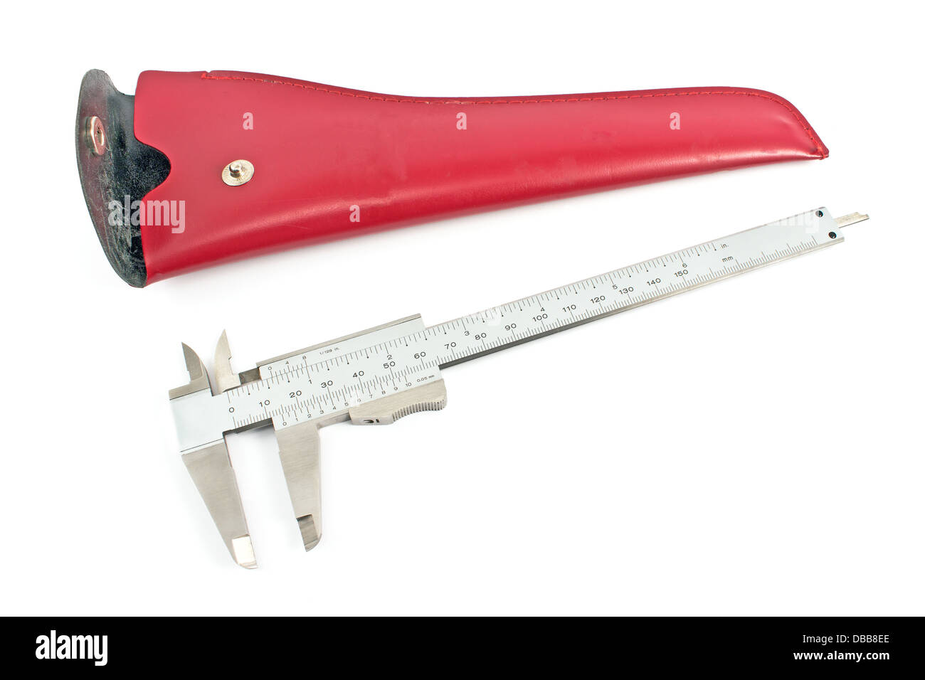 Vernier caliper with red leather case isolated on white Stock Photo
