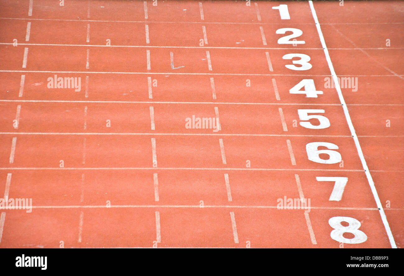 red track 1-8 lane for running competition Stock Photo