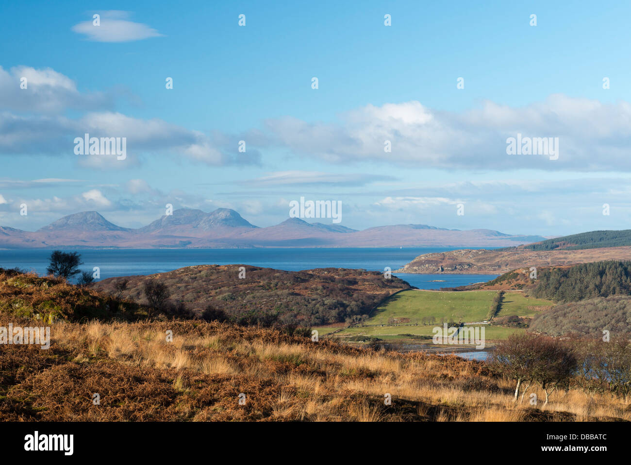 The view from Dunsceag near Clachan Kintyre Argyll Scotland looking across West Loch Tarbert  and the Sound of Gigha to Jura Stock Photo