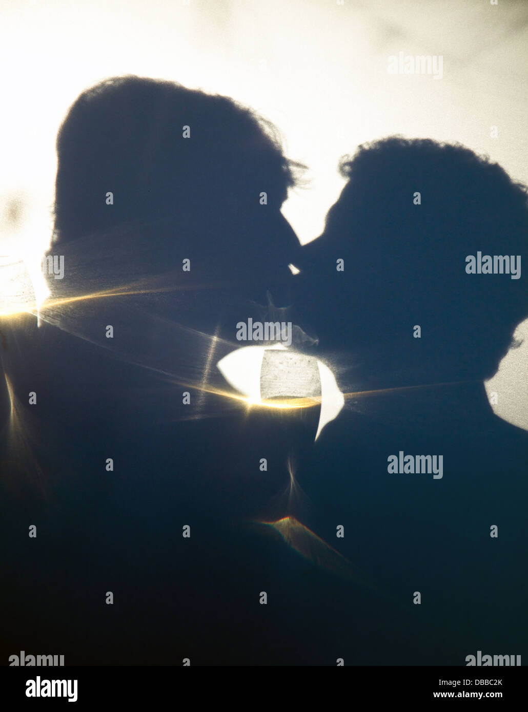 Romantic portrait of a gay couple holding champagne and kissing, silhouetted behind a white screen.  Stock Photo