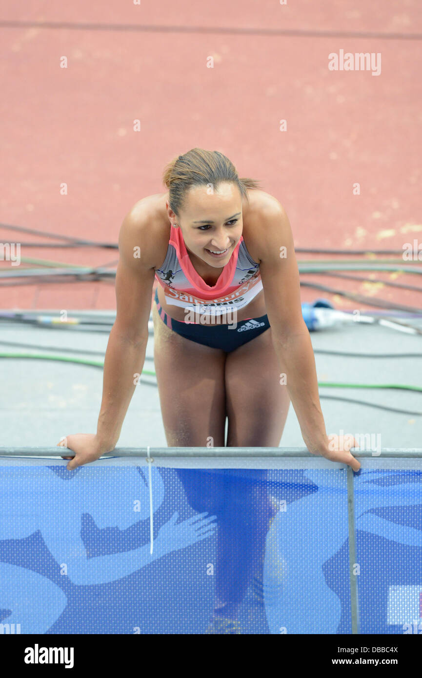 LONDON, UK. Saturday 27th July 2013. LONDON, UK. Saturday 27th July 2013. Jessica Ennis-Hill, current Olympic Heptathlon champion, chats to her coach during the Women's Long Jump event at the 2013 IAAF Diamond League Sainsbury's Anniversary Games held at the Queen Elizabeth Olympic Park Stadium in London. Credit:  Russell Hart/Alamy Live News. Stock Photo