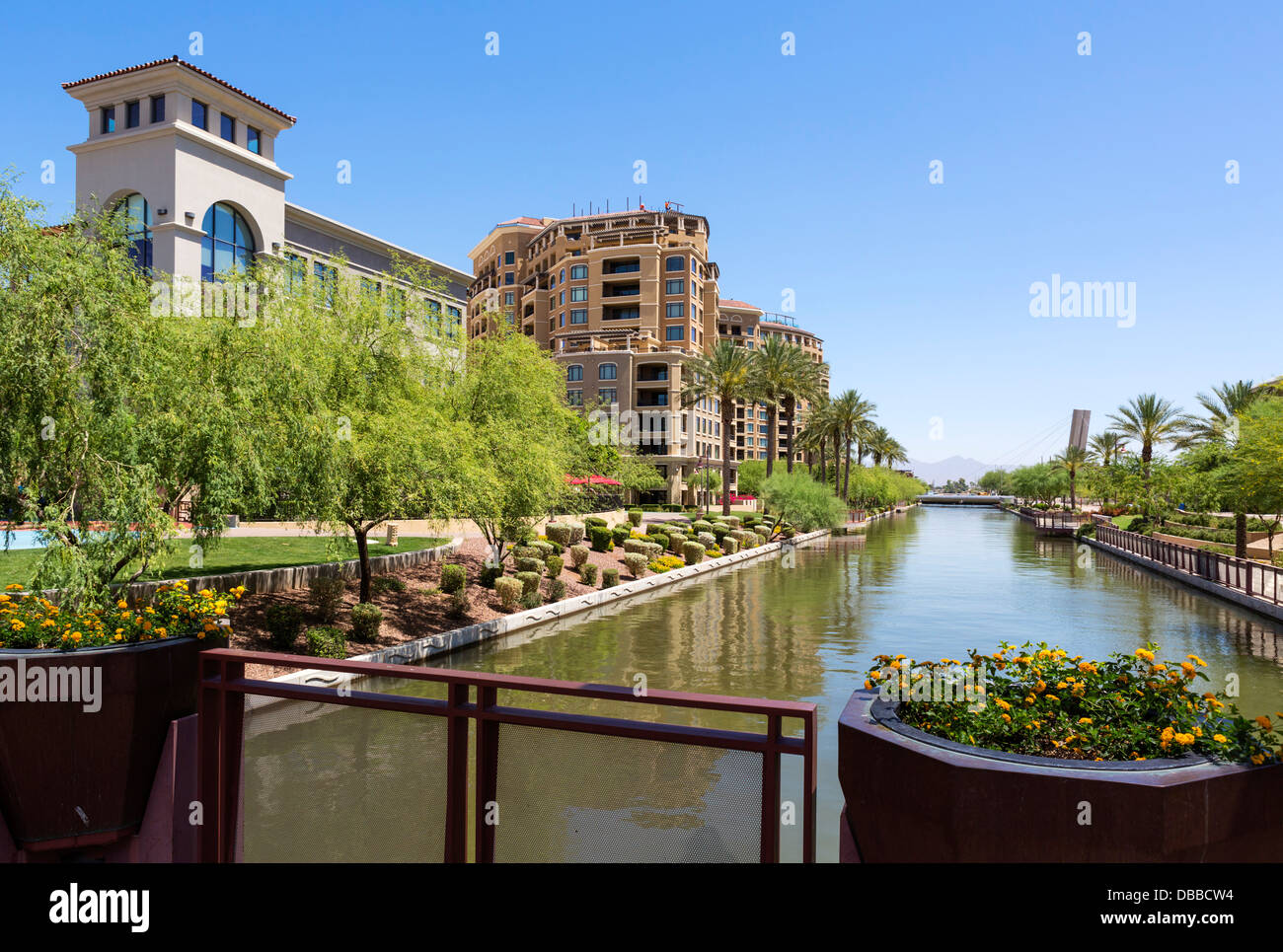 Arizona Canal in The Waterfront District, Scottsdale, Arizona, USA Stock Photo