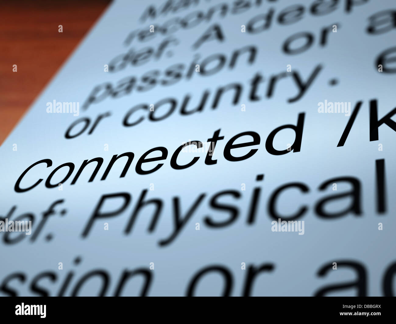 Connected Definition Closeup Showing Linked Joined Or Networking Stock