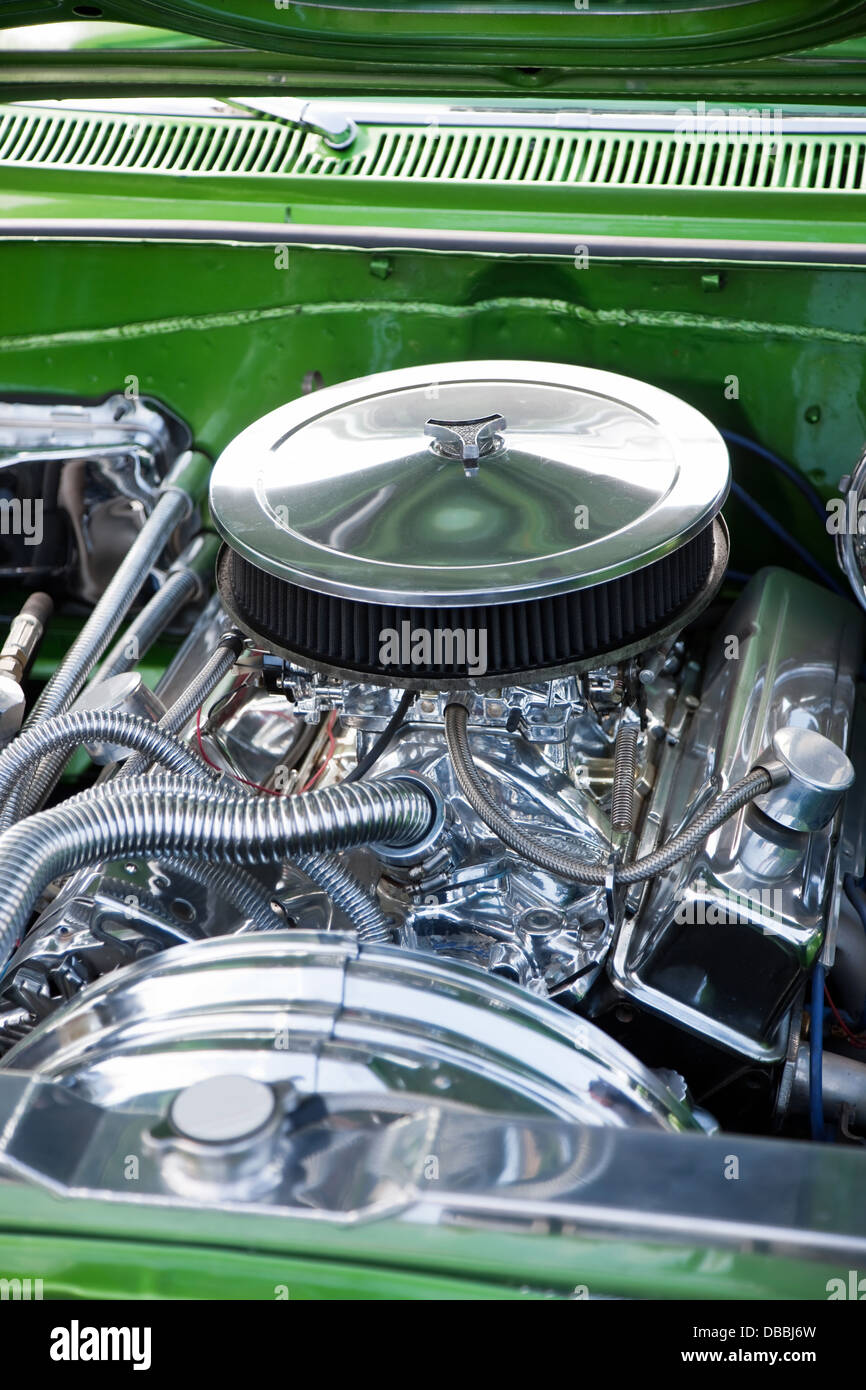 Close-up of Car's Engine, American Classic Car Stock Photo