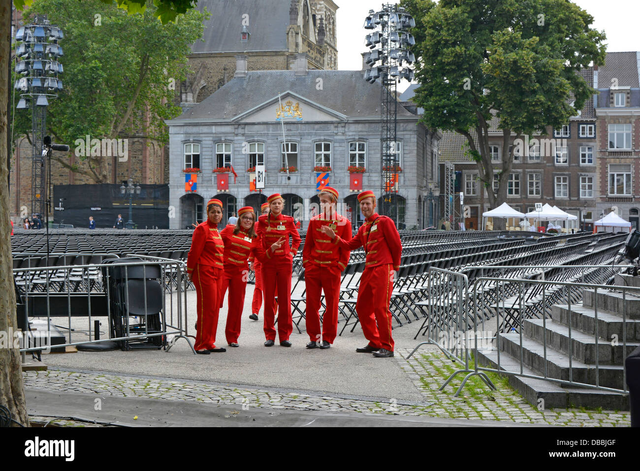 Maastricht City Vrijthof Square André Rieu summer music concert event ushers dressed red bellboy type uniforms to assist people to seating places EU Stock Photo