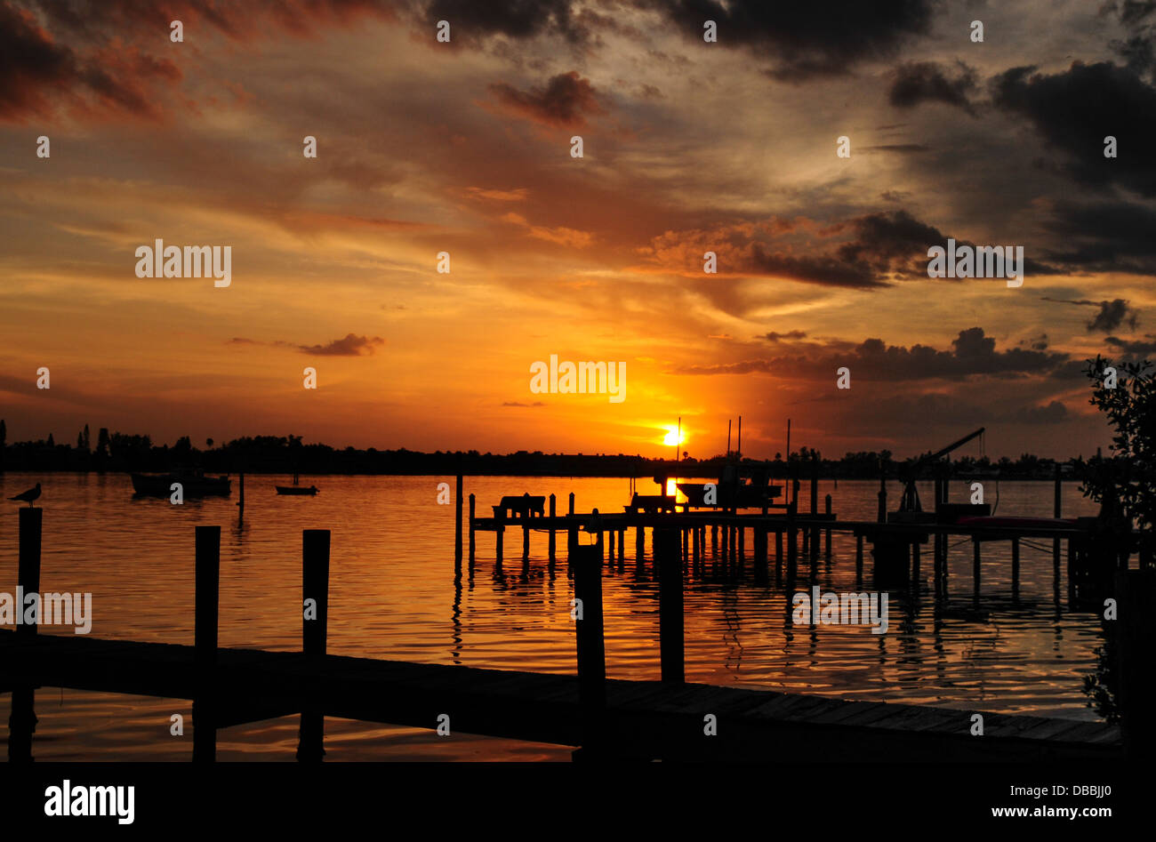 Sunset from Seafood Shack boat ramp at Cortez, Bradenton, Florida, USA Stock Photo